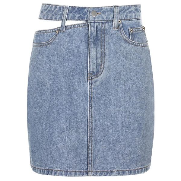

women irregular hollow out high waist mini denim skirt solid color package hip zipper slim streetwear with pockets skirts, Black