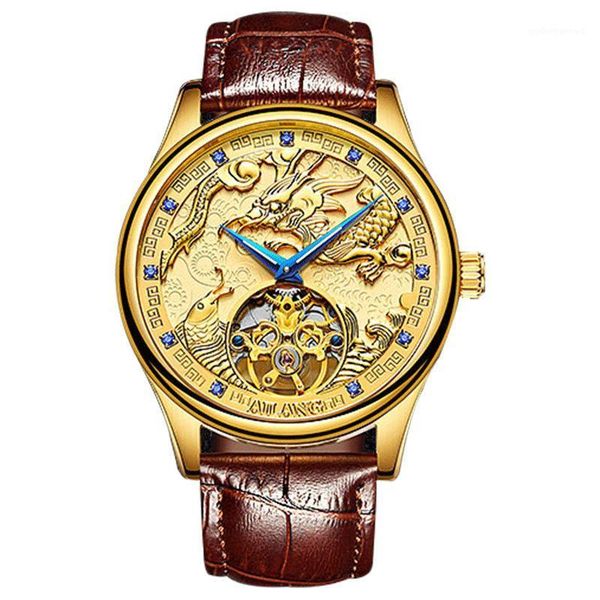 

wristwatches ailang watch fully automatic hollow out mechanical watches golden dragon zodiac business luminous waterproof wrist 6826, Slivery;brown