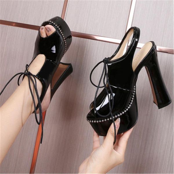 

sandals female fish mouth platform women solid high heels 14 cm lace up pumps grace shallow single ladies shoes plus 35-46, Black