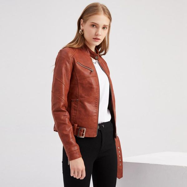 

women's fur & faux plus size women autumn winter leather jackets zipper basic coat stand collar streetwear motor biker with belt, Black