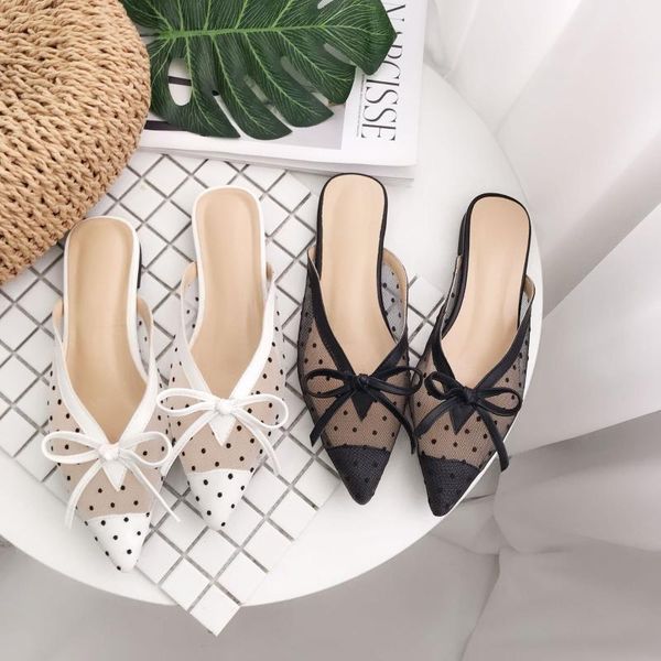 

slippers 2021 korean version of the red lace net yarn wave point pointed flat bottom half drag muller shoes women, Black