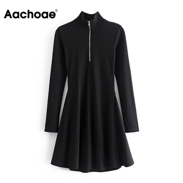 Aachoee Moda Mulheres Turtleneck malha mini manga comprida casual vestido preto senhoras uma linha zíper decorar vestidos chique 210413