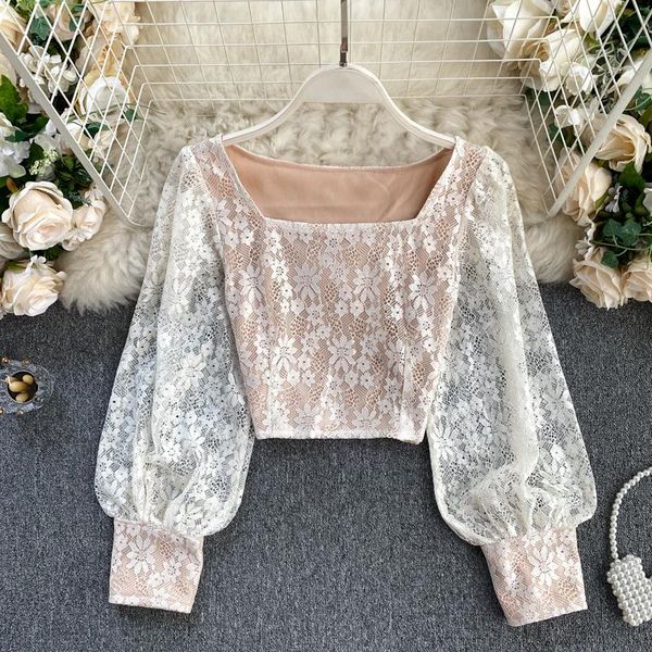 

autumn women's square collar long sleeve short sweet lace . korean fashion clothing elegant blouse p440 blouses & shirts, White
