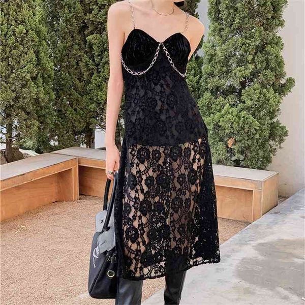 

casual dresses black lace velvet chain split slip dress lady streetwear slim prom girl femme women's summer long v8bn, Black;gray
