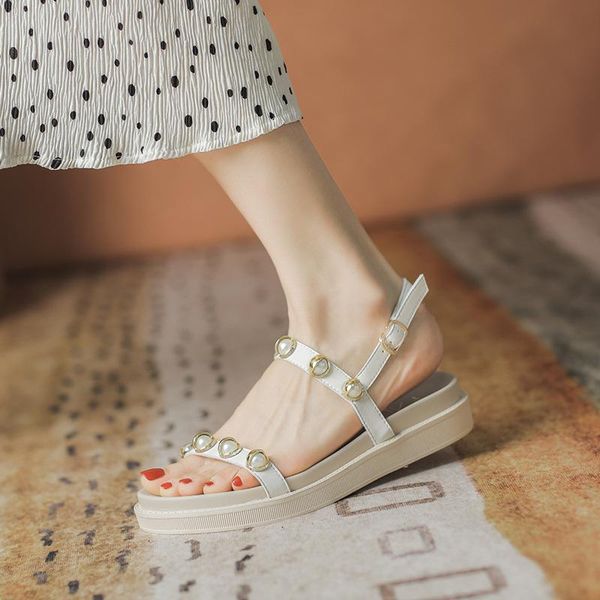 

sandals buckle strap clear heels round toe real leather shoes woman roman soft suit female beige 2021 summer genuine low gladiat, Black