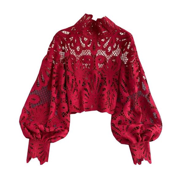 

women's blouses & shirts 2021 lace hollow out stand collar shirt solid color all-match zip femme blusas chic lantern sleeve women, White