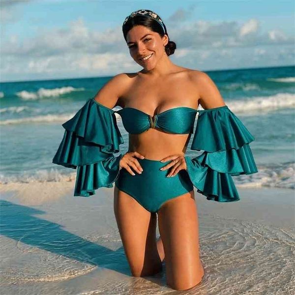 

long sleeve bikini ruffle swimsuit high waist bikinis swimwear women print bathing suit string beach wear swim 210728, White;black