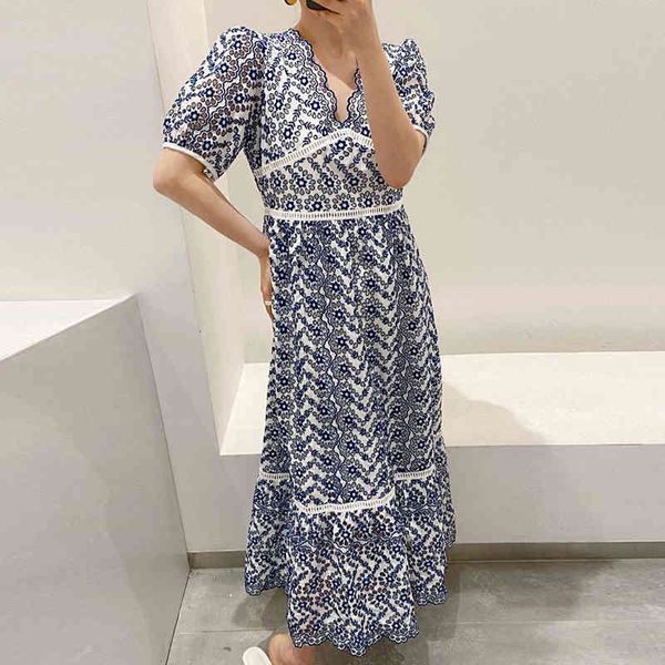 

women blue high waist hook flower hollow robe dress v-neck short puff sleeve loose fashion summer 2f0317 210510, Black;gray