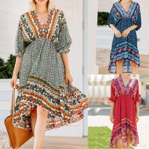 

casual dresses fashion irregular boho dress floral print v neck streetwear beach holiday vintage national style maxi, Black;gray