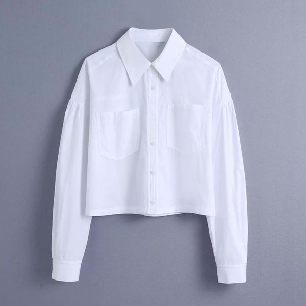 

women's blouses & shirts spring women double pockets white short shirt female turndown collar long sleeve blouse casual lady loose blu