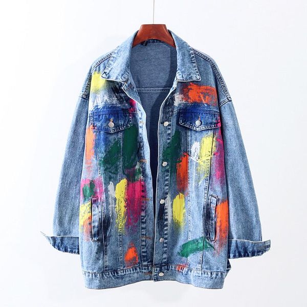 

women's jackets spring autumn 2021 korean mid-length color graffiti denim jacket women streetwear loose oversized casual jaqueta jeans, Black;brown