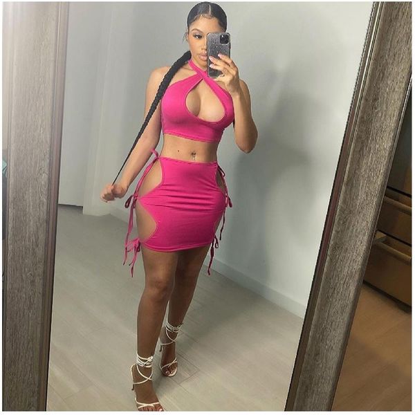 

skirts bandage solid hollow out two piece set women crop party club outfits, Black