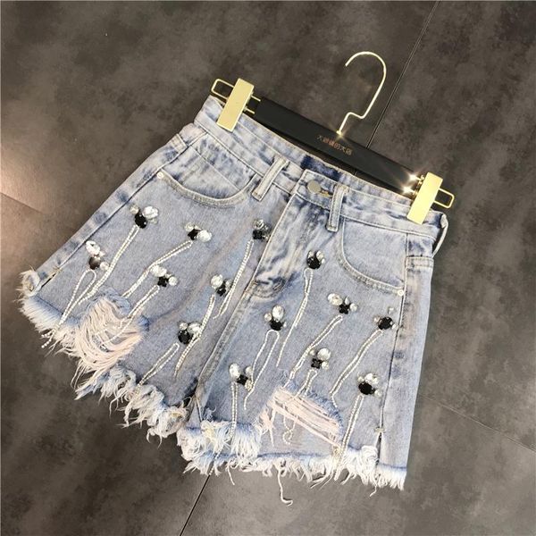 

bee beading tassel distressed denim shorts high waist vintage women short jeans women's, Blue