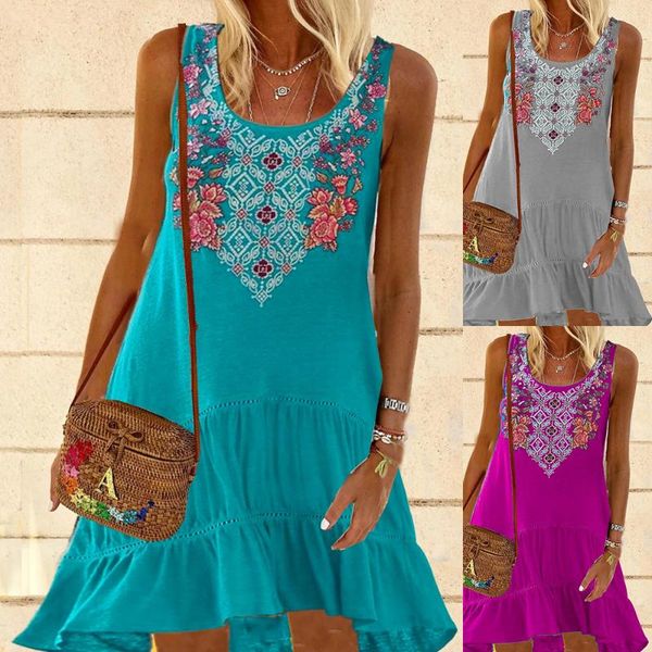 

casual dresses bohemian style fake dress big swing ruffle print sleeveless, Black;gray