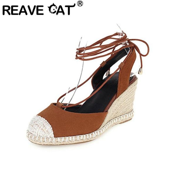 

2021 leisure cap toe sandals suede slingbacks roman shoes ankle cross strap rattan wedges 7.5cm size 30-44 brown a4169, Black