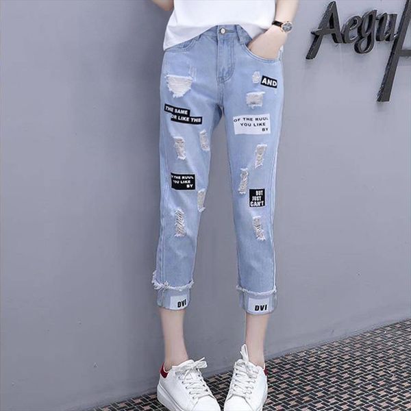 

blue ripped skinny denim summer women jeans casual button fly high waist style trousers female plain fashion pants