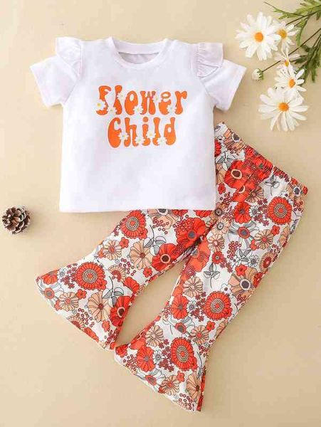 

baby girl letter tee & allover floral pants she, White
