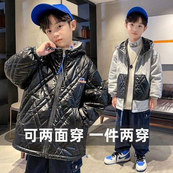 

jackets spring fall boys double-sided outdoor clothes children contrast color reversible hooded jacket teen kids warm sport outwear, Blue;gray