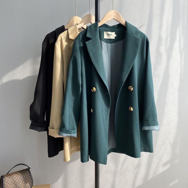

korean-style long sleeve solid color women jacket double breasted modern young girl black blazer elegant outerwear women's suits & blaz, White;black
