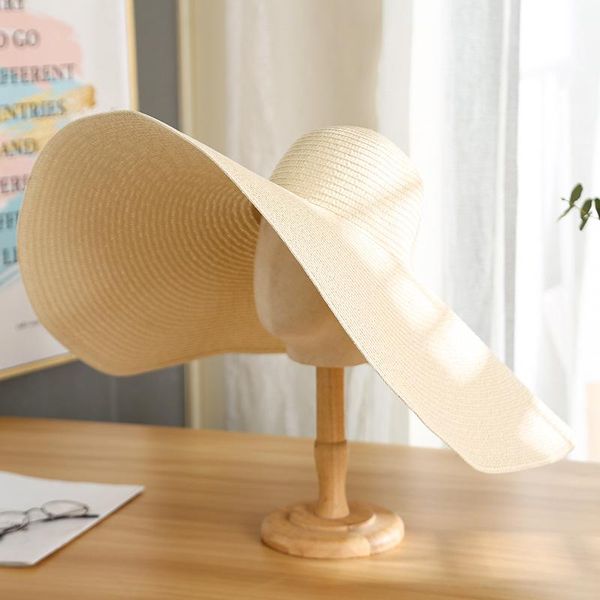 

wide brim hats retro women's summer hat big solid color dome foldable sun protection cap for girl female beach straw, Blue;gray