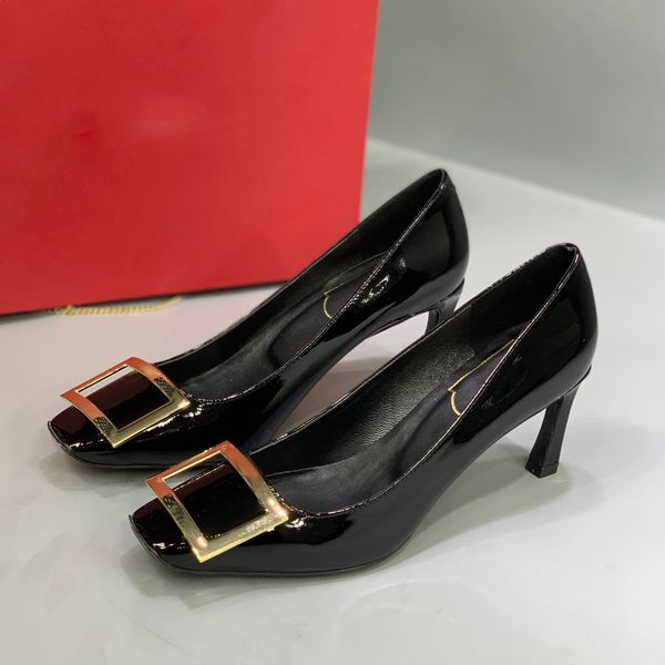 

classic spring/summer 2022 new metal buckle shoes square banana and stilettos patent leather shallow curved wedding shoes available in multi, Black