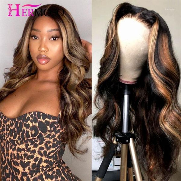 

transparent lace wigs malaysian body wave 13x4 ombre highlight colored pre-plucked front wig 150% human hair1, Black;brown