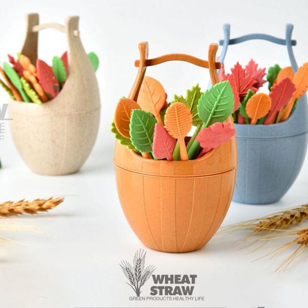 

disposable dinnerware lovely wooden barrel shape leaf fruit fork wheat straw wedding birthday party cake salad dessert forks kitchen supplie