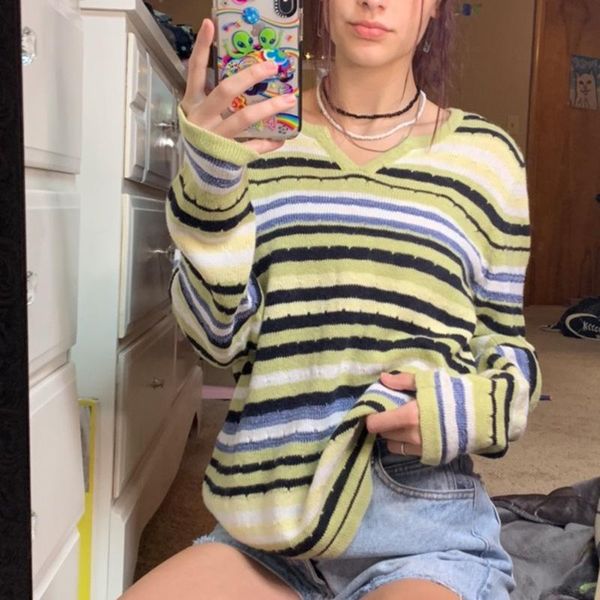 

women's sweaters ladies long sleeve knitwear autumn winter leisure style girls mixed color stripe v-neck pullover sweater loose knitted, White;black