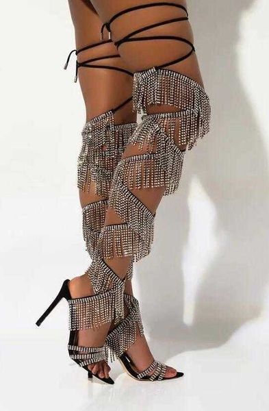 

est bling tassel thigh boots crystal fringed sandals summer fashion bandage over the knee 210911, Black