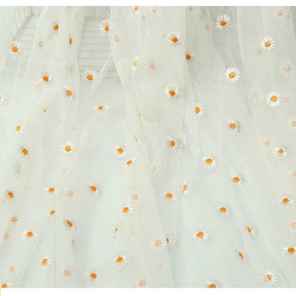 3-х годов цветок ромашка вышивка тюль мягкая сетка ткань для платья юбка прозрачный кружевной чистая ткань из марлевой одежды ткани DIY шить 210702