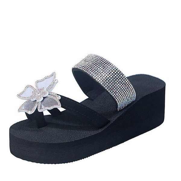 

slippers summer wedge sandals and women's outer wear flops rhinestone butterfly net red shoes slides women, Black