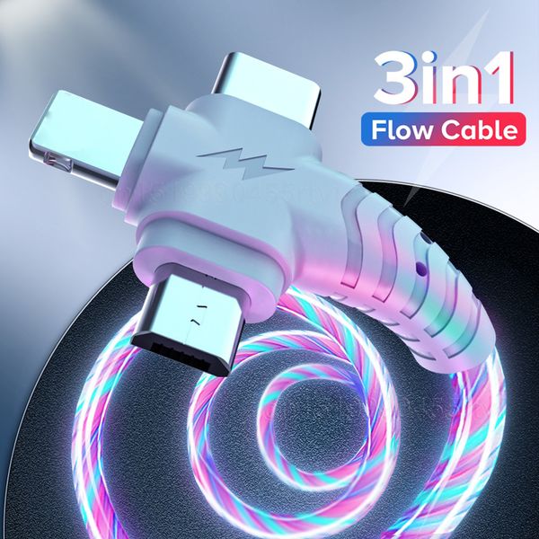

cell phone cables 3in1 flow luminous usb led micro type c 8-pin charger wire