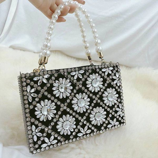 

fashion women's purse with rhinestones luxury evening clutch bags for wedding party hollow flower pearl cosmetic handbag zd2154