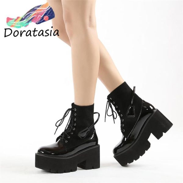

boots doratasia 2021 brand arrivals solid lace up square high heel platform women cool fashion quality punk gothic shoes, Black