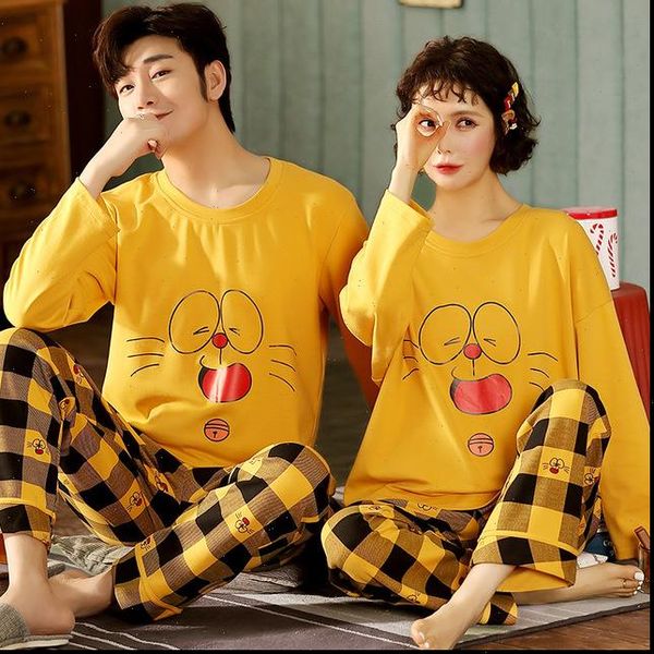 

cute yellow doraemon couple womens sleepwears pajamas sets round collar pijamas mujer cotton nightwear loose comfort lattice long pant sleep, Black;red