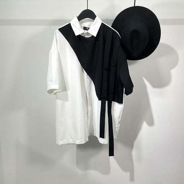 

men's casual shirts short sleeve shirt summer black and white color collar design large size tide irregular personality, White;black