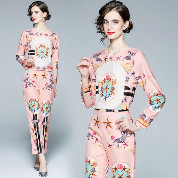 

european professional suit women's 2021 autumn design sense of temperament leisure printed t-shirt leggings two-piece set, Black;gray