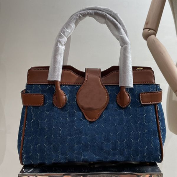 

denim canvas handbag lady tote bag patchwork color shoulder bags classic letter removable strap golden hardware handbags purse