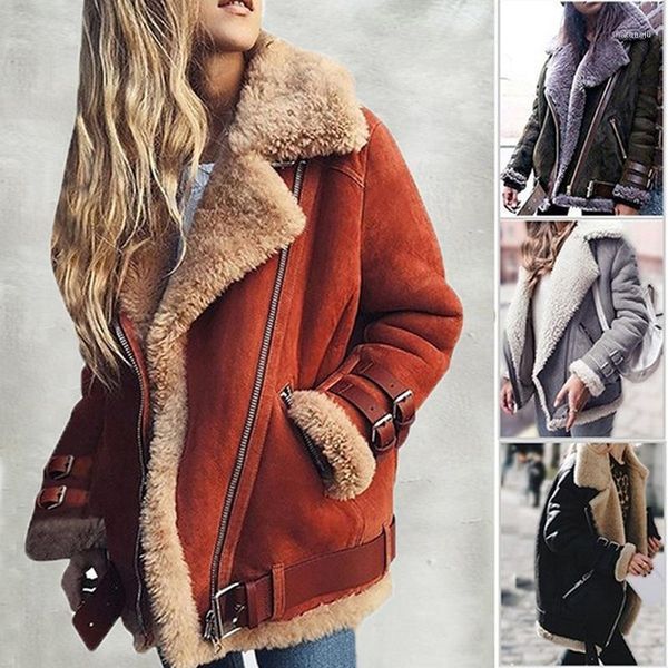 

faux shearling sheepskin coat women leather thick suede jacket autumn winter lambs wool short motorcycle coats1, Black