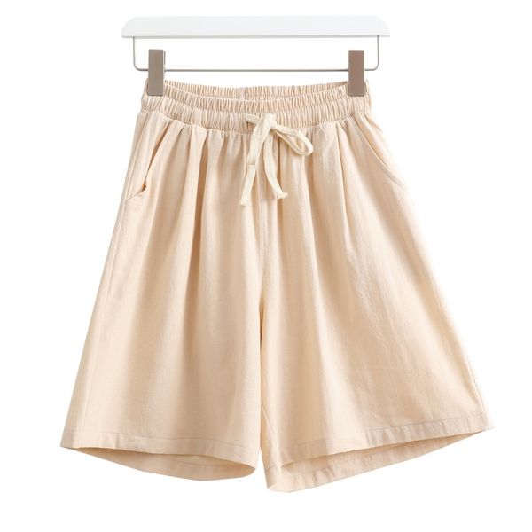 

summer fashion loose cotton linen elastic waist women bermuda half long basic shorts plus size high short pants 210603, White;black