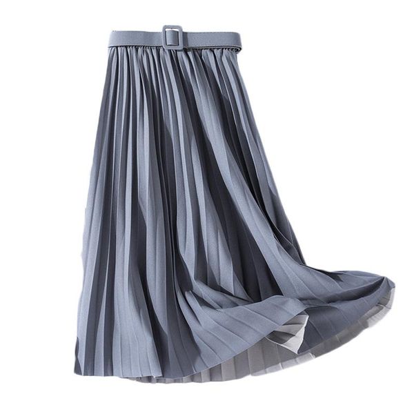 

skirts elegant women high waist pleated skirt with belt ladies 2021 fashion vintage spring autumn solid color a-line female, Black