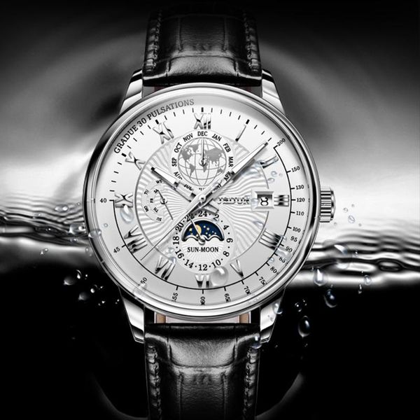 

wristwatches jsdun 2021 classic men's sports mechanical watch moon phase leather luxury automatic waterproof montre homme 8909, Slivery;brown