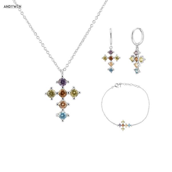 

andywen 925 sterling silver long shine colorful cross pendiente earring bracelet necklace orringe jewelry set for european women 210608