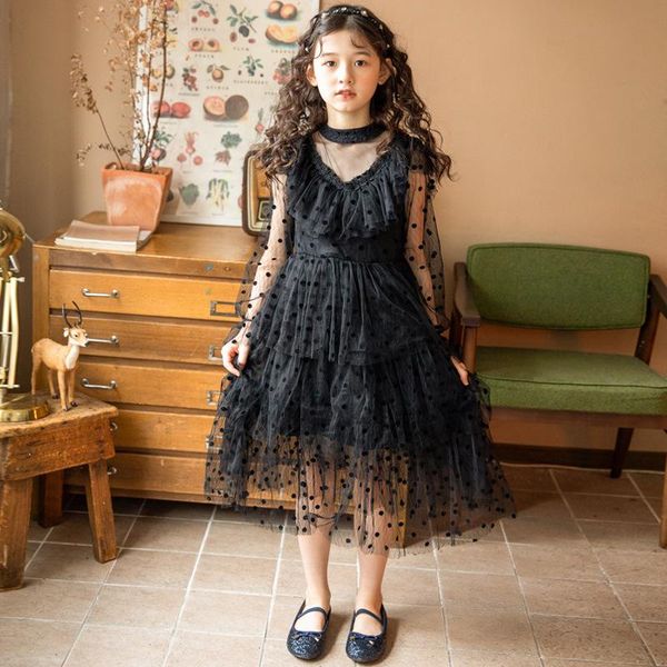 

girl's dresses 2021 spring and summer korean style children elegant party clothing retro kids girls mesh princess dress cute dot, #9394, Red;yellow