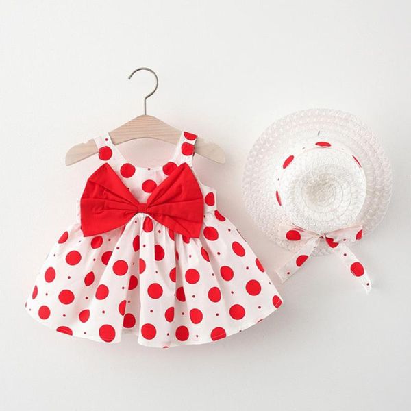 

children's clothing baby girl clothes toddler summer party dresses dot print princess kids big bow and sun hat outfits sets, White