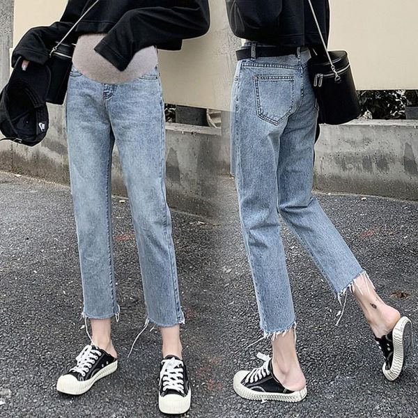 

maternity bottoms autumn fashion loose blue jeans pregnant women straight elastic waist belly casual pants women's clothing, White