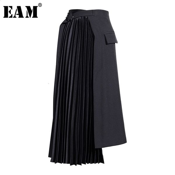 [EAM] HighWaist Schwarz Asymmetrische Falten Temperament Halbkörper Rock Frauen Mode Flut Neue Frühling Herbst 19A-a779 210401