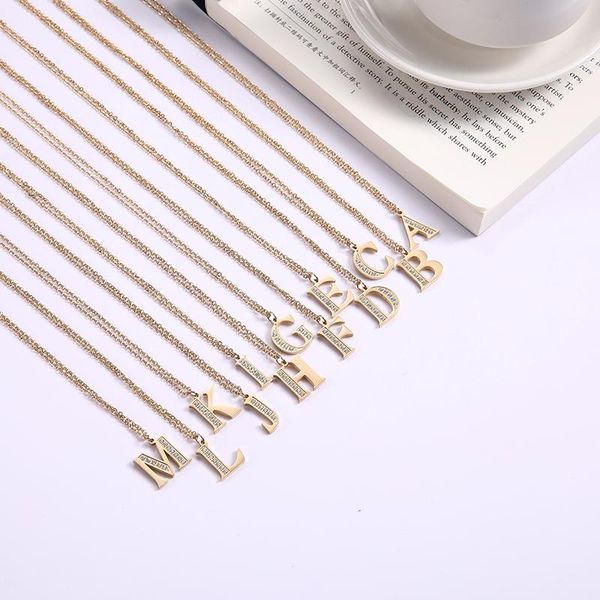 

pendant necklaces cazador 26 letter necklace with clear zircon gold color stainless steel a-z choker for women wedding jewelry, Silver