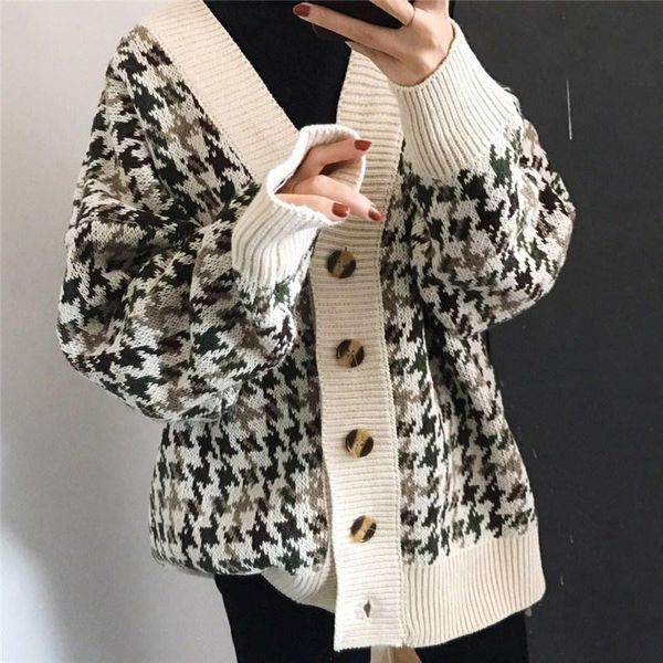 

women's knits & tees 2021 retro plaid cardigan women autumn winter buttons sweaters lady coats oversize harajuku knitted cardigans suet, White