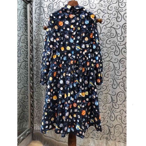 

dress 100%cotton spring fashion star print women turn-down collar big swing party casual long sleeve dress tunic, Black;gray